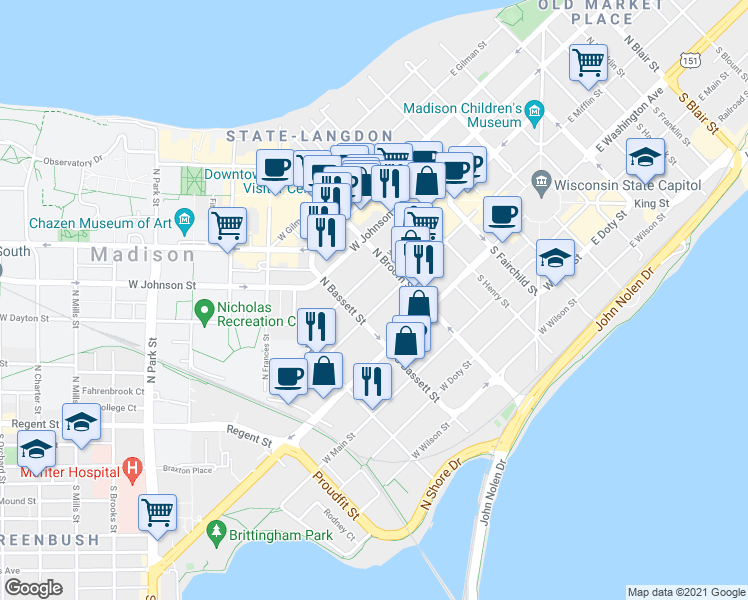 map of restaurants, bars, coffee shops, grocery stores, and more near 441 West Mifflin Street in Madison