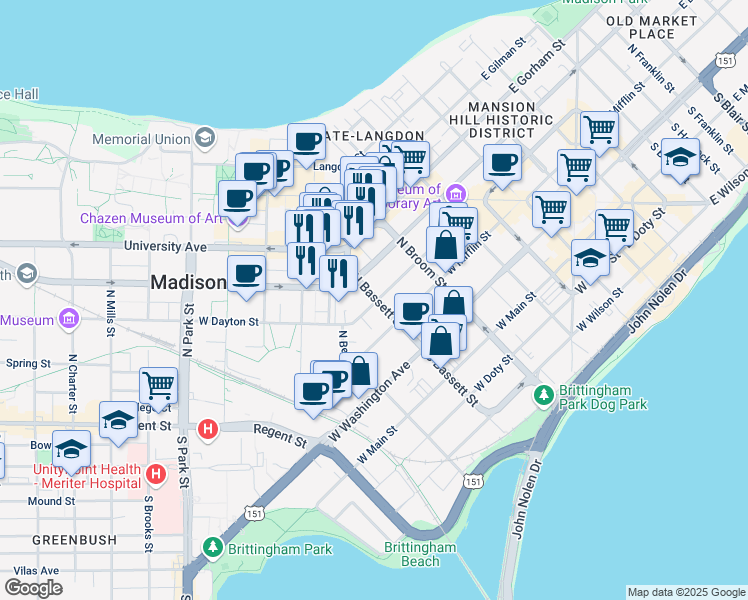 map of restaurants, bars, coffee shops, grocery stores, and more near 114 North Bassett Street in Madison