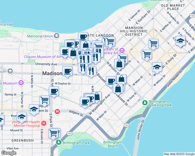 map of restaurants, bars, coffee shops, grocery stores, and more near 133 North Bedford Street in Madison
