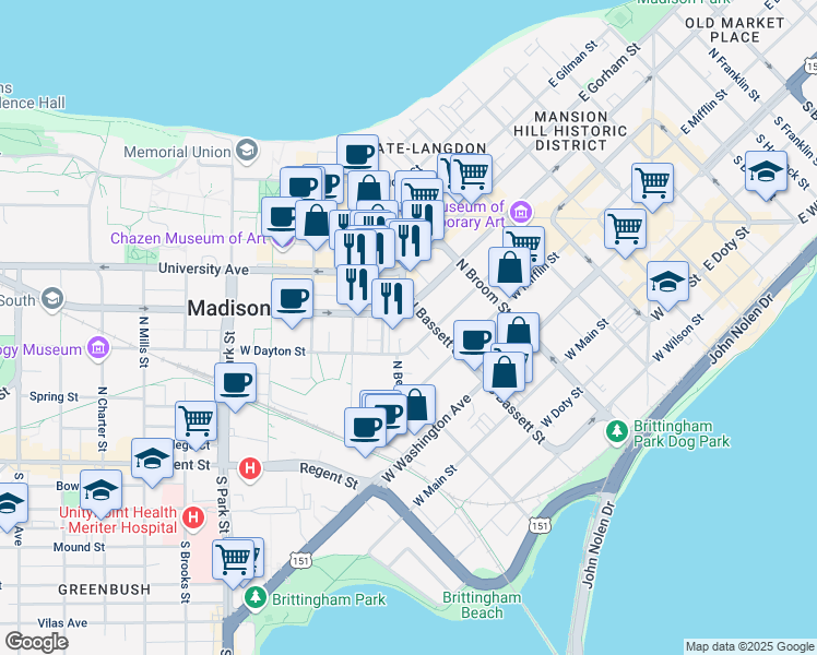 map of restaurants, bars, coffee shops, grocery stores, and more near 133 North Bedford Street in Madison