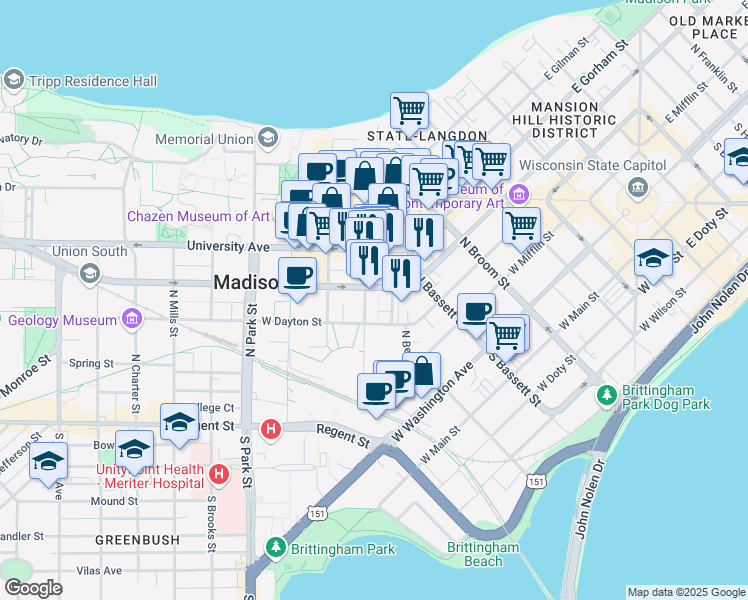 map of restaurants, bars, coffee shops, grocery stores, and more near 550 West Dayton Street in Madison