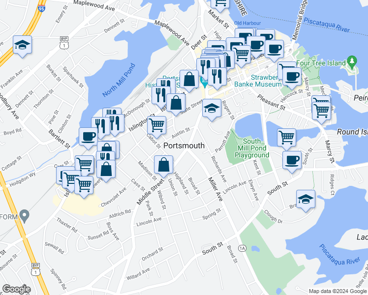 map of restaurants, bars, coffee shops, grocery stores, and more near 338 Middle Street in Portsmouth