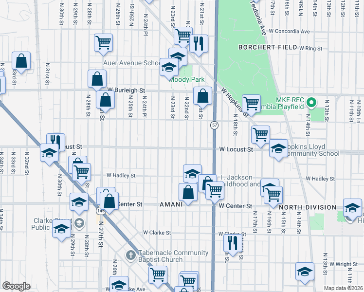 map of restaurants, bars, coffee shops, grocery stores, and more near 2208 West Locust Street in Milwaukee