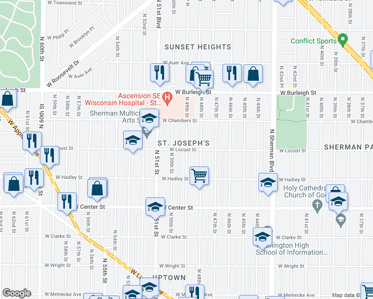 map of restaurants, bars, coffee shops, grocery stores, and more near W Locust St & N 49th St in Milwaukee