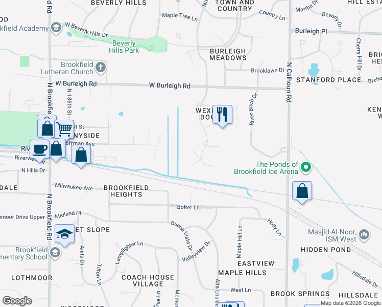 map of restaurants, bars, coffee shops, grocery stores, and more near 17692 Nassau Drive in Brookfield