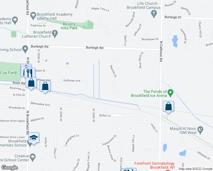 map of restaurants, bars, coffee shops, grocery stores, and more near 17692 Nassau Drive in Brookfield
