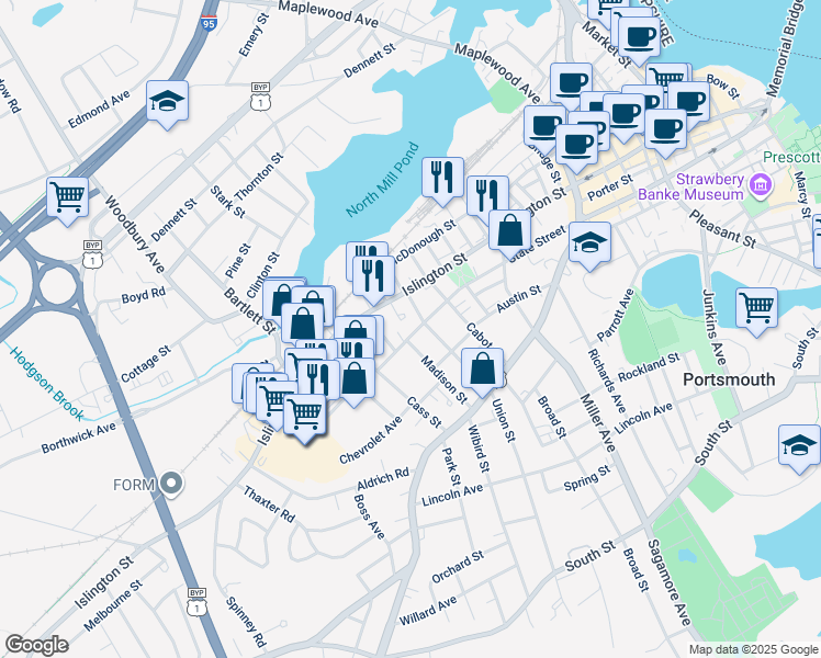 map of restaurants, bars, coffee shops, grocery stores, and more near 885 State Street in Portsmouth