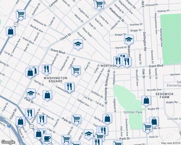 map of restaurants, bars, coffee shops, grocery stores, and more near 331 Craig Street in Syracuse