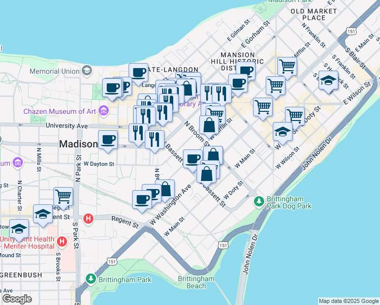 map of restaurants, bars, coffee shops, grocery stores, and more near 441 West Mifflin Street in Madison