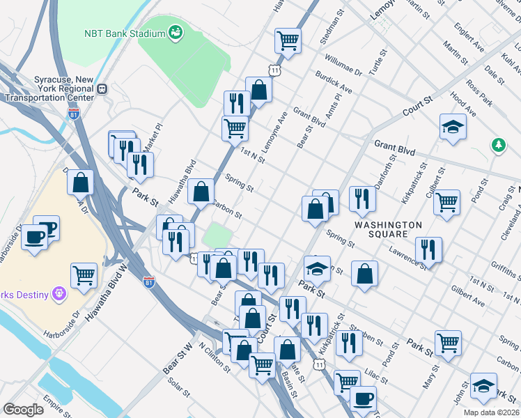 map of restaurants, bars, coffee shops, grocery stores, and more near 1010 Carbon Street in Syracuse
