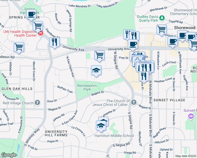 map of restaurants, bars, coffee shops, grocery stores, and more near 4801 Sheboygan Avenue in Madison