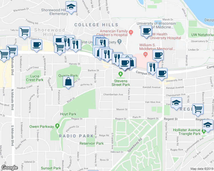 map of restaurants, bars, coffee shops, grocery stores, and more near 401 Shepard Terrace in Madison