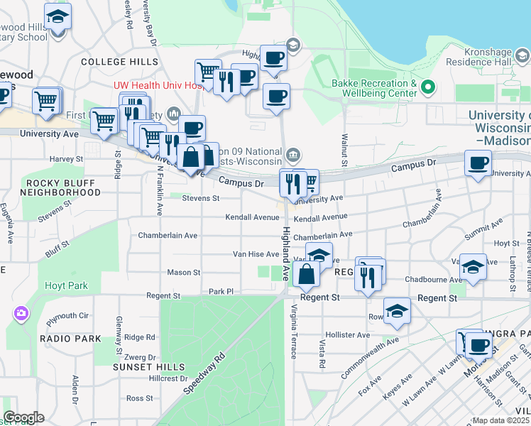 map of restaurants, bars, coffee shops, grocery stores, and more near 2530 Kendall Avenue in Madison
