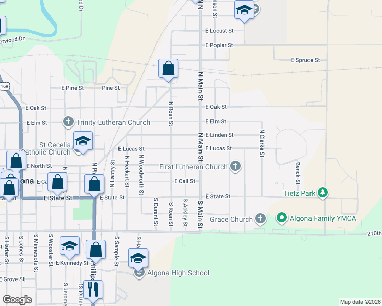map of restaurants, bars, coffee shops, grocery stores, and more near 1508 East Lucas Street in Algona