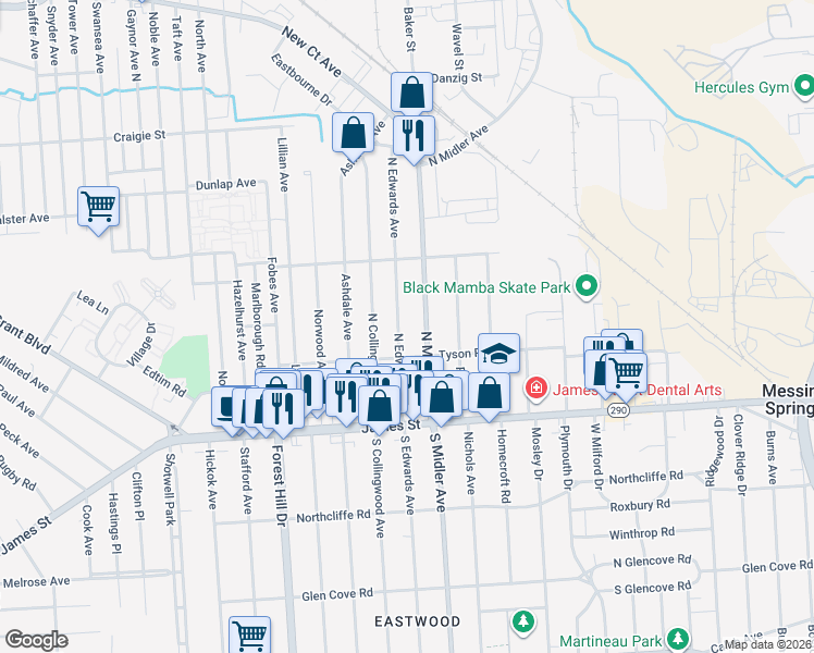 map of restaurants, bars, coffee shops, grocery stores, and more near 207 North Edwards Avenue in Syracuse