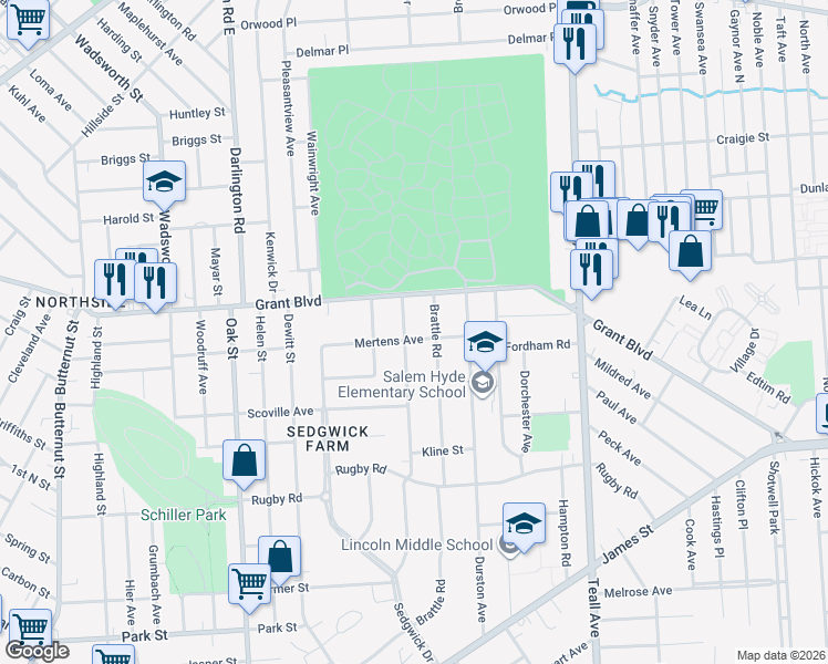 map of restaurants, bars, coffee shops, grocery stores, and more near 444 Wendell Terrace in Syracuse