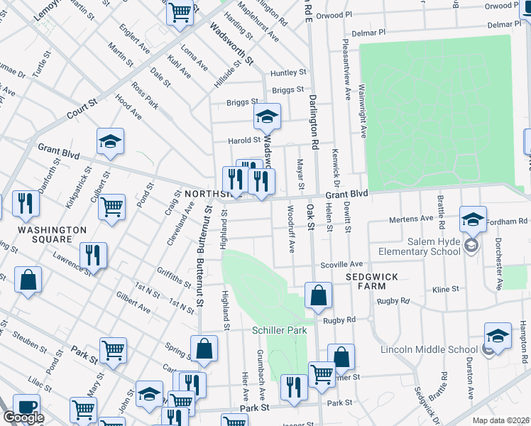 map of restaurants, bars, coffee shops, grocery stores, and more near 118 Schiller Avenue in Syracuse