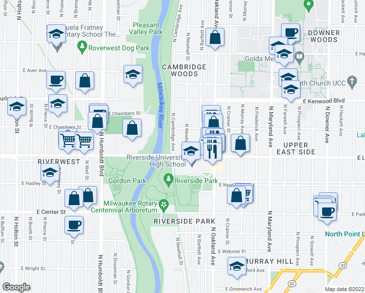 map of restaurants, bars, coffee shops, grocery stores, and more near 2929 North Newhall Street in Milwaukee