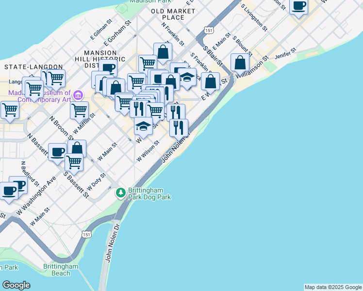 map of restaurants, bars, coffee shops, grocery stores, and more near 1 John Nolen Drive in Madison