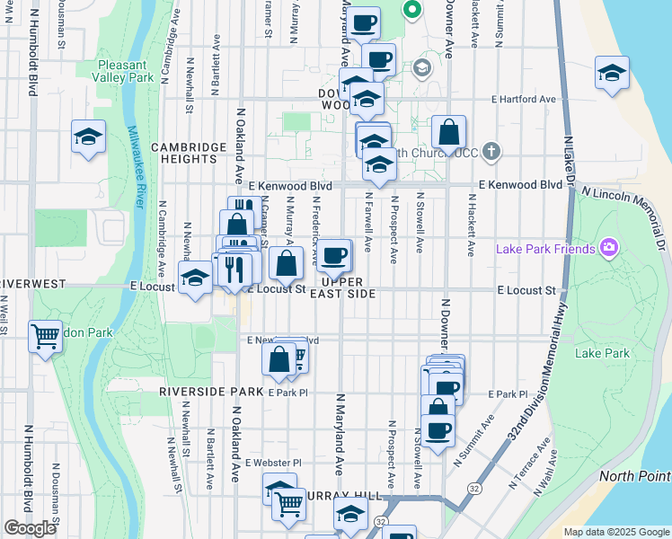 map of restaurants, bars, coffee shops, grocery stores, and more near in Milwaukee