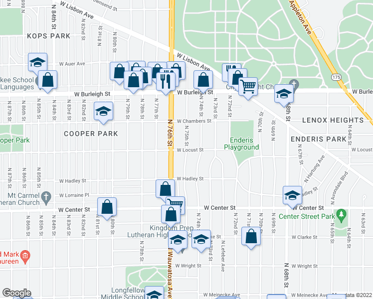 map of restaurants, bars, coffee shops, grocery stores, and more near W Locust St & N 75th St in Milwaukee