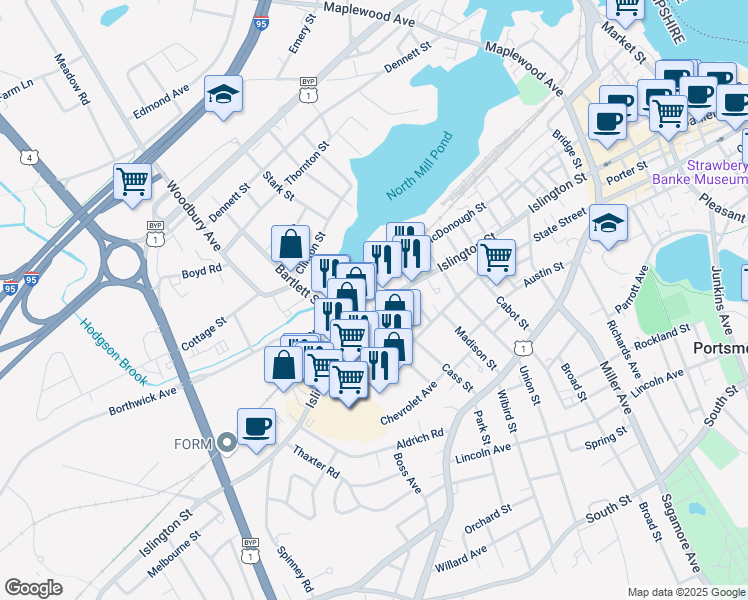 map of restaurants, bars, coffee shops, grocery stores, and more near 566 Islington Street in Portsmouth