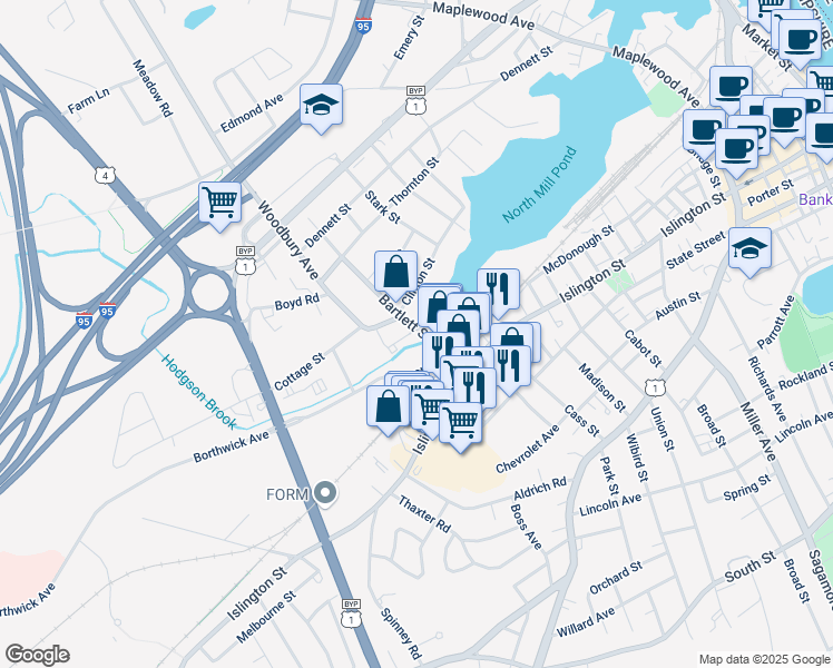map of restaurants, bars, coffee shops, grocery stores, and more near 54 Bartlett Street in Portsmouth