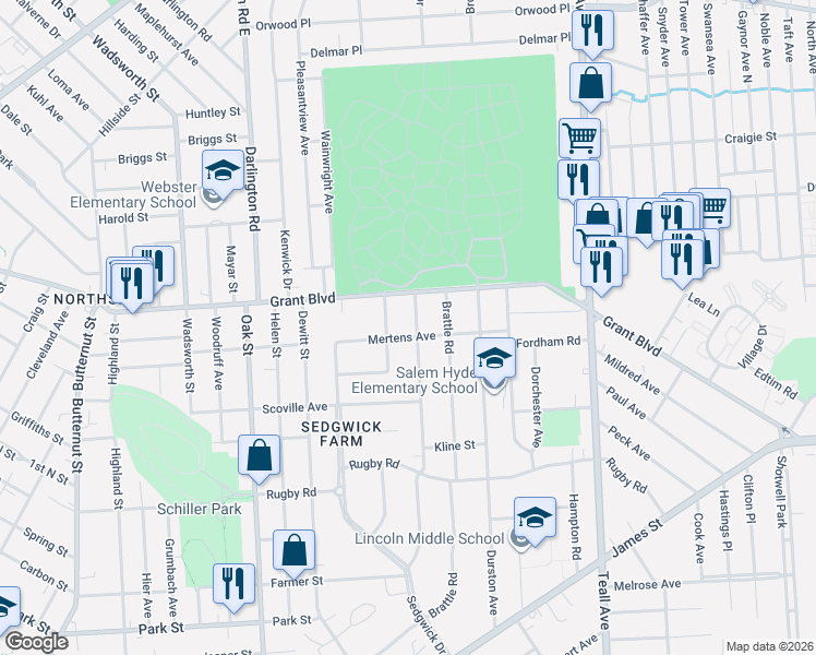 map of restaurants, bars, coffee shops, grocery stores, and more near 124 Woodlawn Terrace in Syracuse