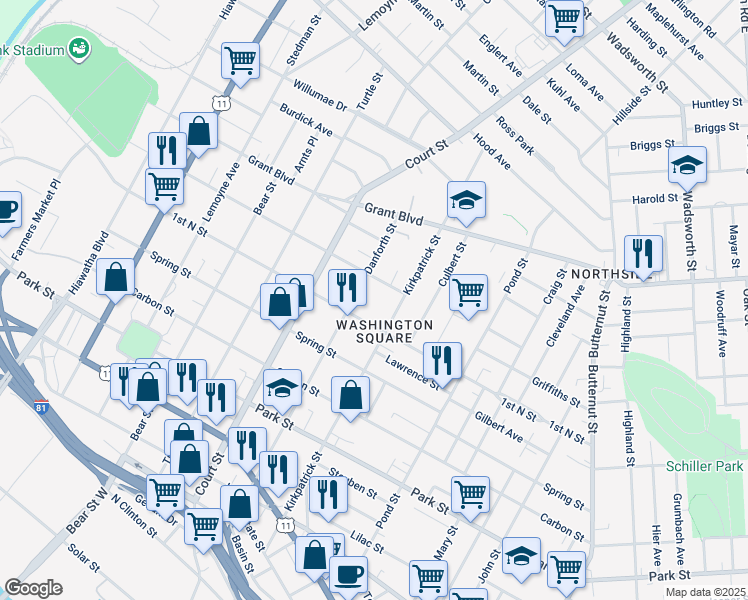 map of restaurants, bars, coffee shops, grocery stores, and more near in Syracuse