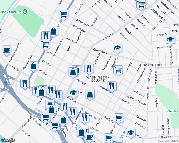 map of restaurants, bars, coffee shops, grocery stores, and more near 1015 1st North Street in Syracuse
