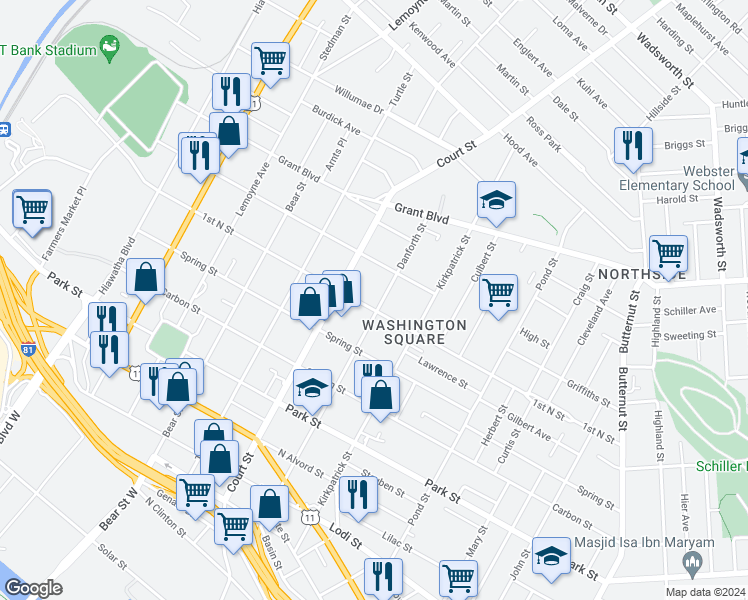 map of restaurants, bars, coffee shops, grocery stores, and more near 1015 1st North Street in Syracuse