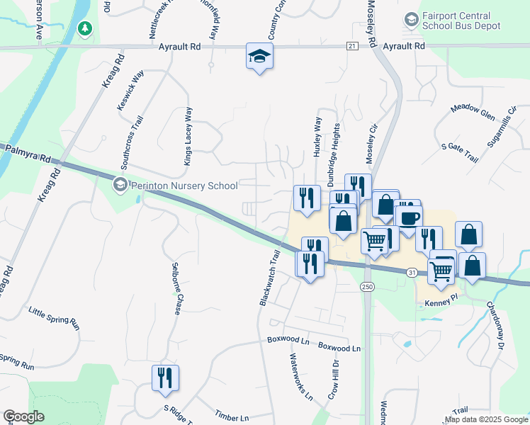 map of restaurants, bars, coffee shops, grocery stores, and more near 27 Foxcroft Trail in Fairport