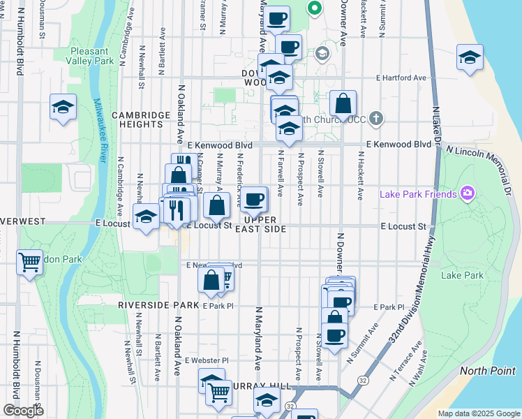 map of restaurants, bars, coffee shops, grocery stores, and more near in Milwaukee