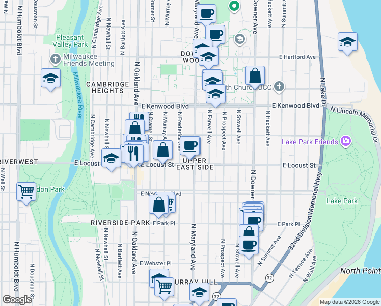 map of restaurants, bars, coffee shops, grocery stores, and more near in Milwaukee