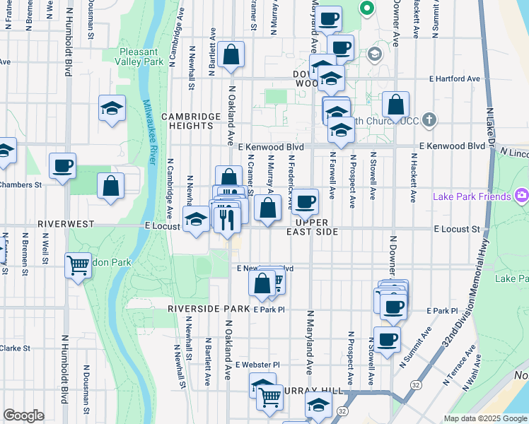 map of restaurants, bars, coffee shops, grocery stores, and more near 2866 North Cramer Street in Milwaukee