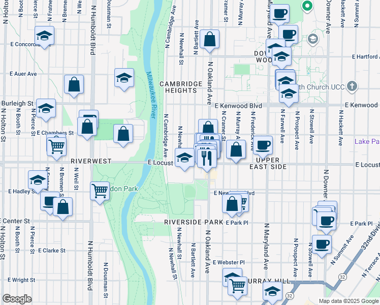 map of restaurants, bars, coffee shops, grocery stores, and more near 2905 North Bartlett Avenue in Milwaukee
