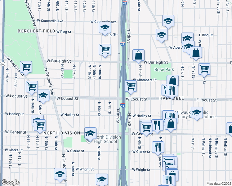 map of restaurants, bars, coffee shops, grocery stores, and more near in Milwaukee