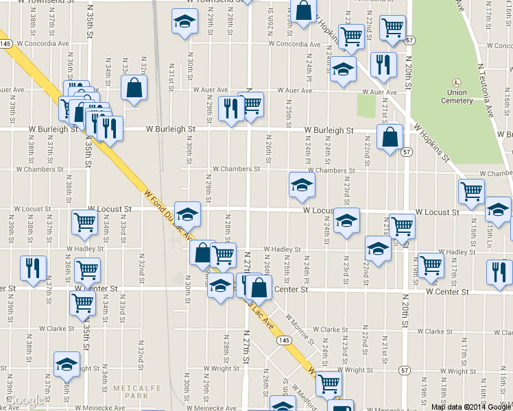 map of restaurants, bars, coffee shops, grocery stores, and more near 2857 North 26th Street in Milwaukee