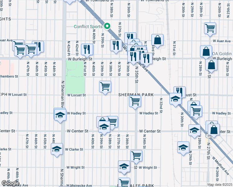 map of restaurants, bars, coffee shops, grocery stores, and more near 2857 North 37th Street in Milwaukee