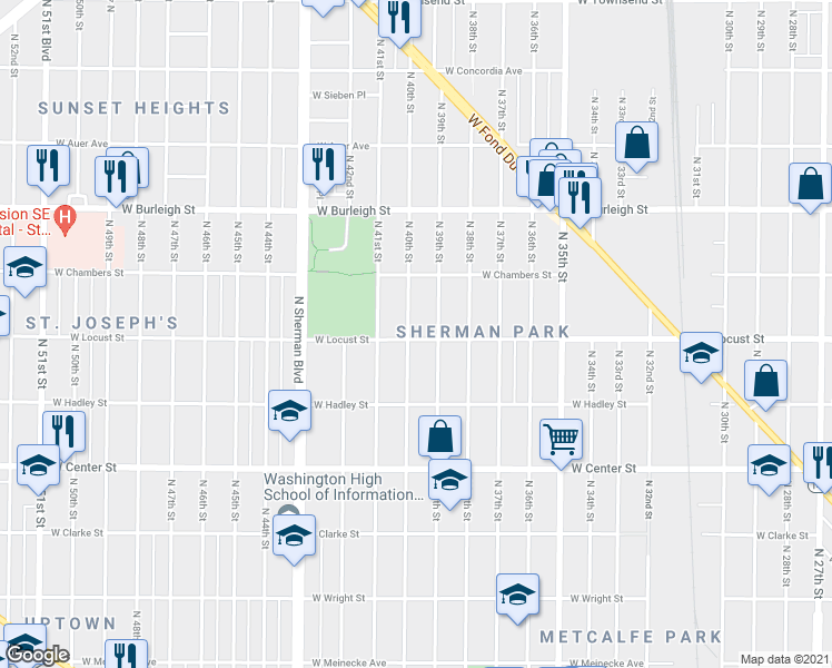 map of restaurants, bars, coffee shops, grocery stores, and more near 2856 North 40th Street in Milwaukee