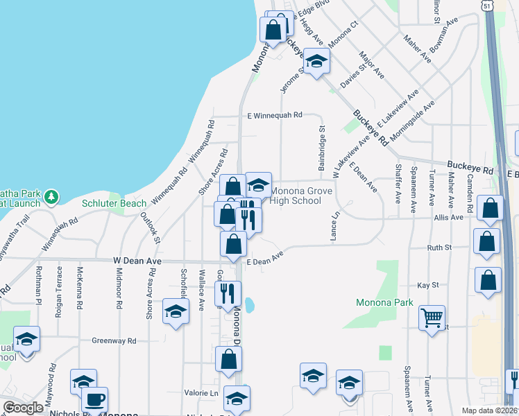 map of restaurants, bars, coffee shops, grocery stores, and more near 4514 Monona Drive in Madison