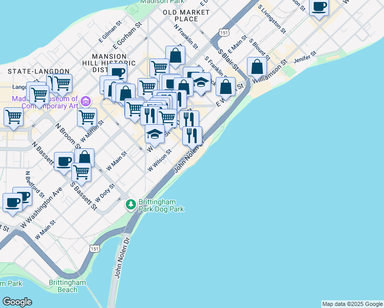 map of restaurants, bars, coffee shops, grocery stores, and more near 1 John Nolen Drive in Madison
