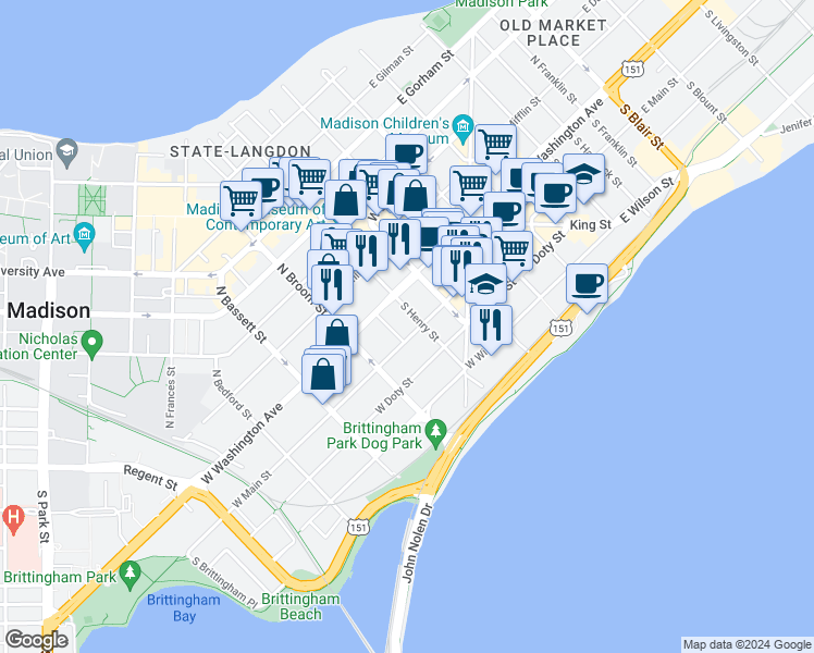 map of restaurants, bars, coffee shops, grocery stores, and more near 333 West Main Street in Madison
