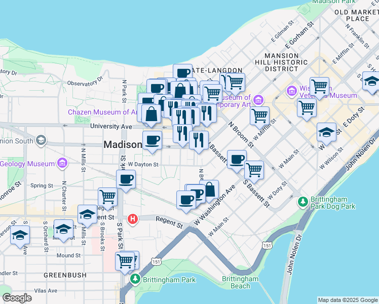 map of restaurants, bars, coffee shops, grocery stores, and more near 550 West Dayton Street in Madison