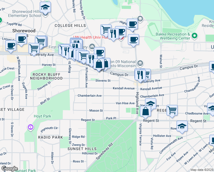 map of restaurants, bars, coffee shops, grocery stores, and more near 2640 Chamberlain Avenue in Madison