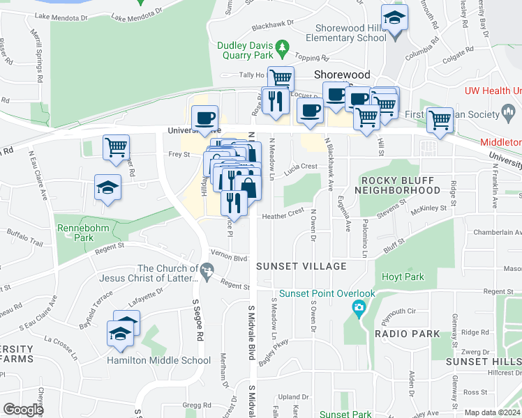 map of restaurants, bars, coffee shops, grocery stores, and more near 409 North Midvale Boulevard in Madison