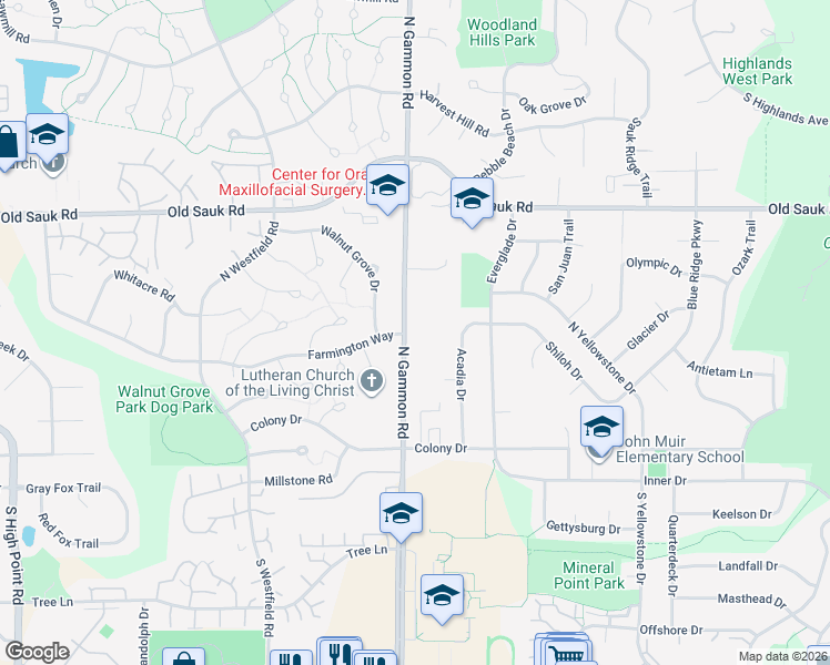 map of restaurants, bars, coffee shops, grocery stores, and more near 221 North Gammon Road in Madison