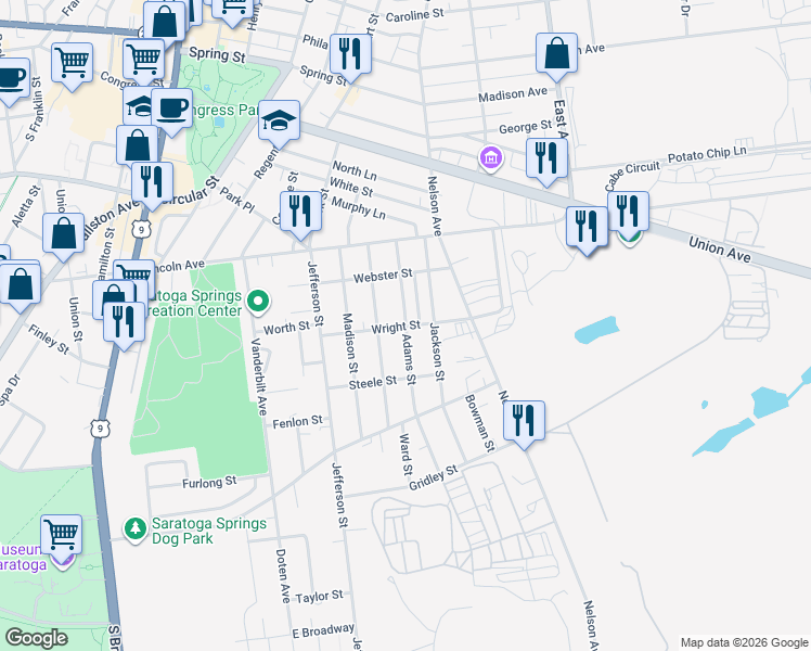map of restaurants, bars, coffee shops, grocery stores, and more near Adams Street & Wright Street in Saratoga Springs