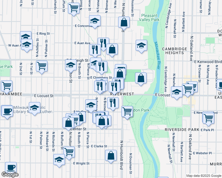 map of restaurants, bars, coffee shops, grocery stores, and more near 103 East Locust Street in Milwaukee