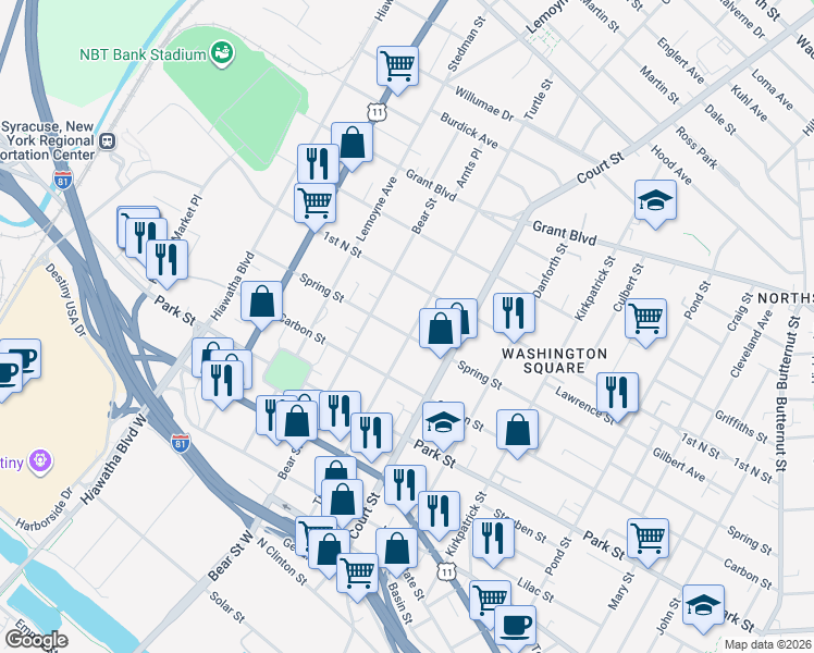 map of restaurants, bars, coffee shops, grocery stores, and more near 514 Turtle Street in Syracuse